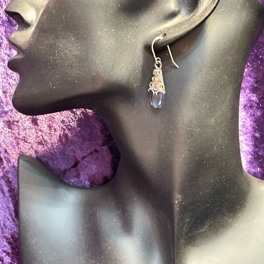 Sterling Silver Hook Dangle Earrings Blue Glass Teardrop Stone 1971 L - Picture 10 of 11